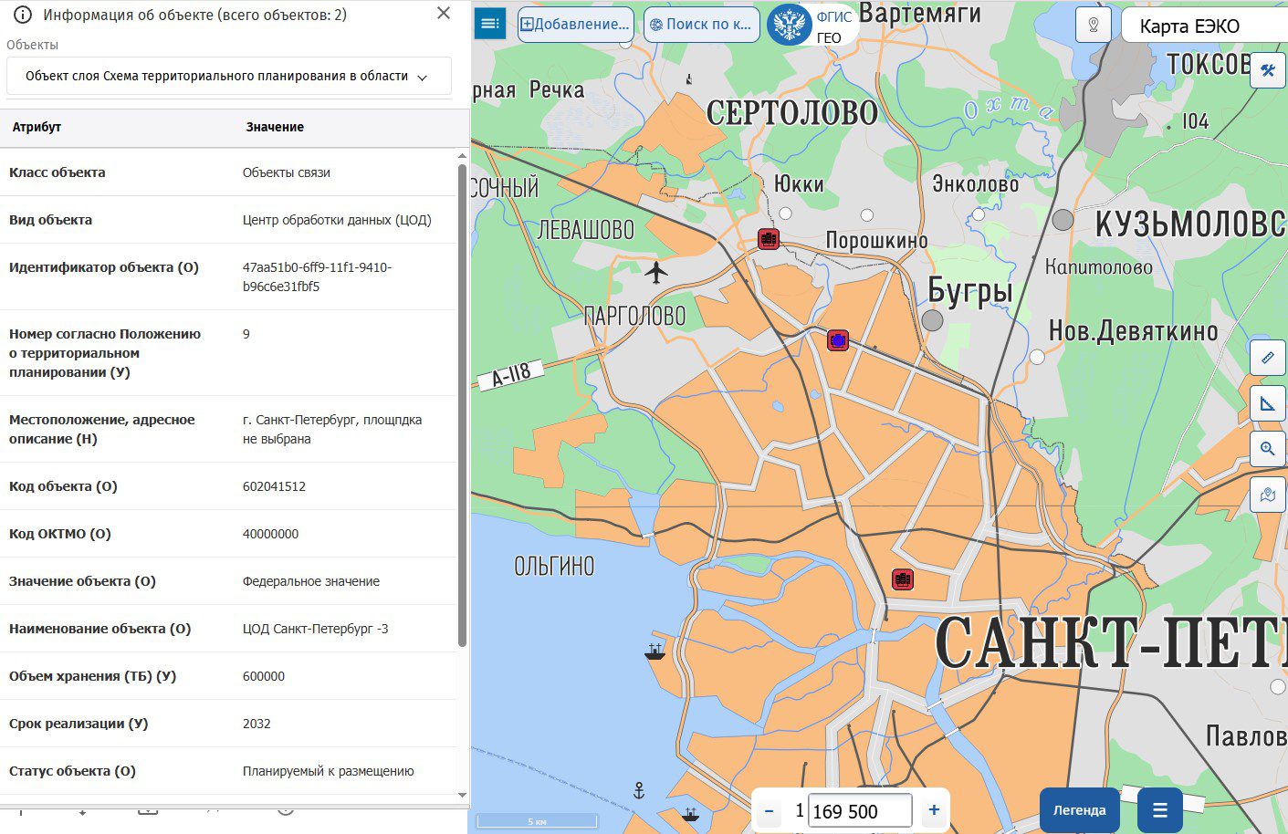 ЦОДы в Санкт-Петербурге на карте планируемого размещения.